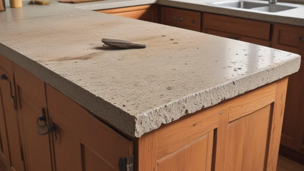 A pry bar carefully lifting a granite countertop from a kitchen cabinet with a shim in place to prevent damage.