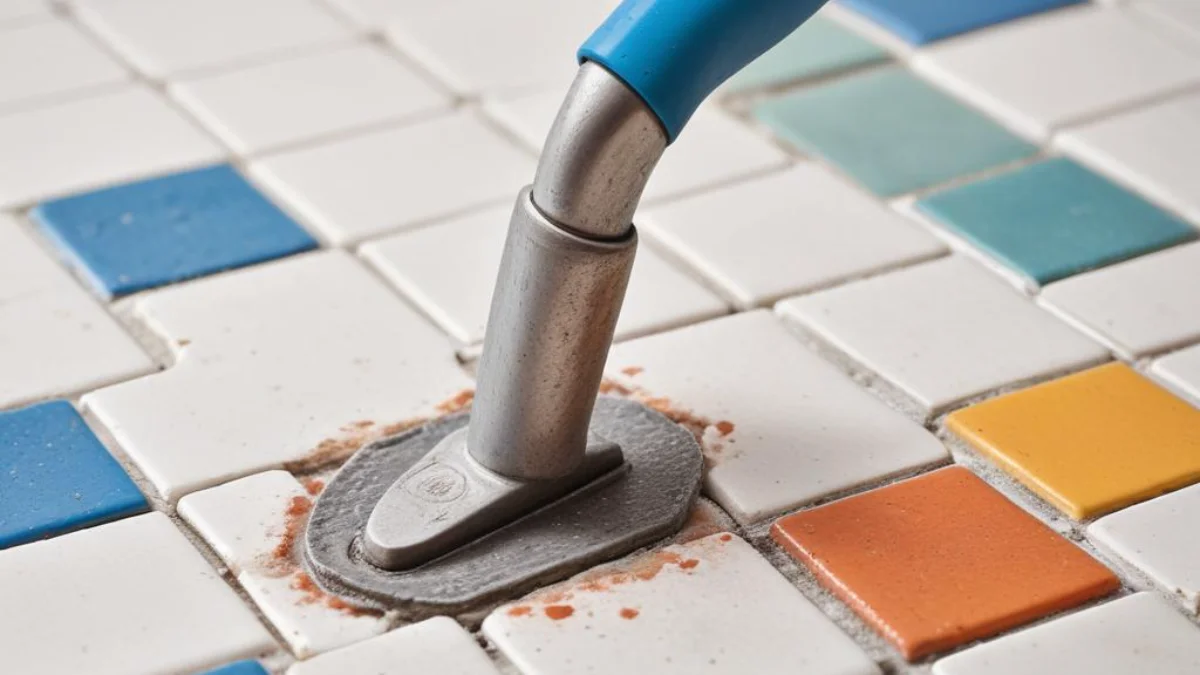 A detailed close-up of a grout removal tool meticulously scraping away old grout from between classic white penny tiles.