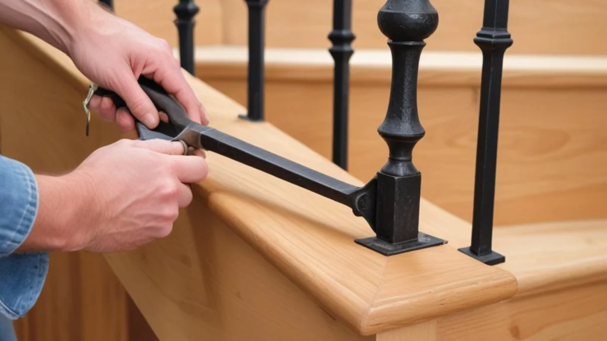 Close-up of a wrought iron baluster being removed from a wooden stair tread with a wrench.