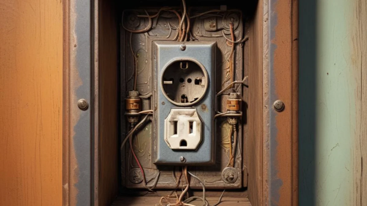 Old metal outlet box with aged wiring recessed in a wall next to a wood stud.