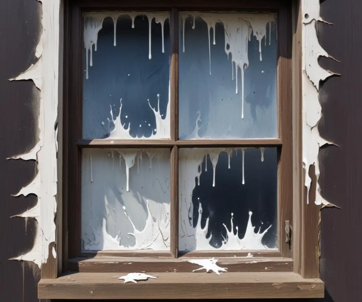 A chemical paint stripper applied to a dark aluminum window frame, showing the old white paint bubbling and lifting off the metal surface.