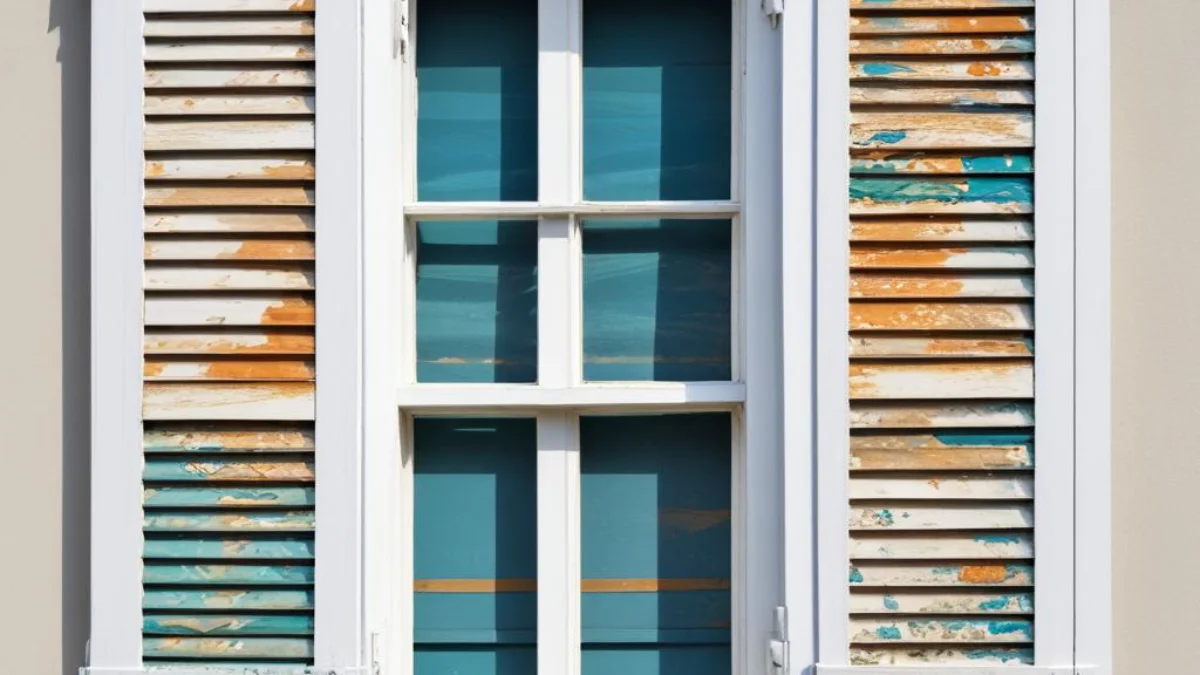White plantation shutter panel unhinged from a window frame and leaning against the wall.