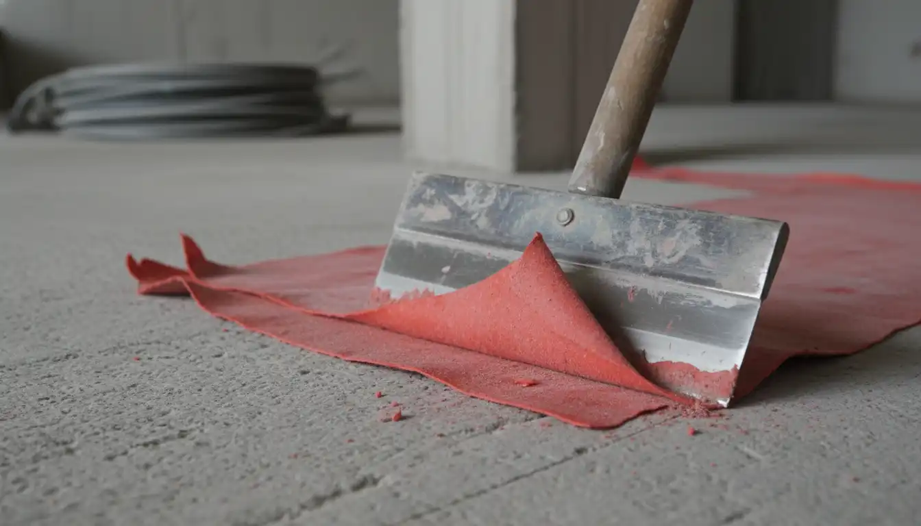 Scraping a red waterproofing membrane off a gray concrete floor with a metal tool.