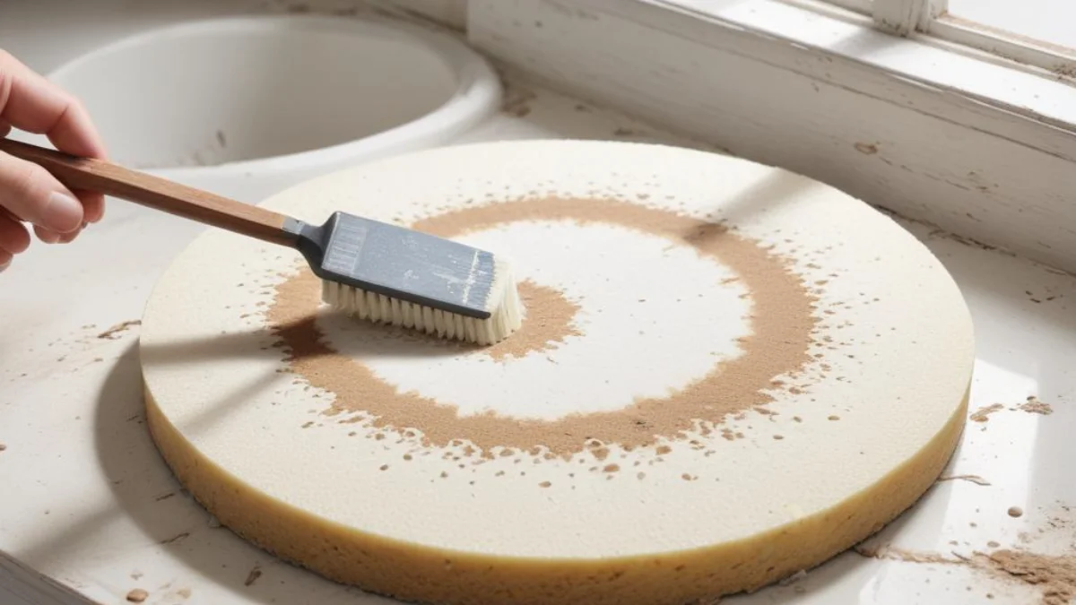 A soft sponge gently rubbing a cleaning paste in a circular motion to remove a scuff mark from a white quartz countertop.