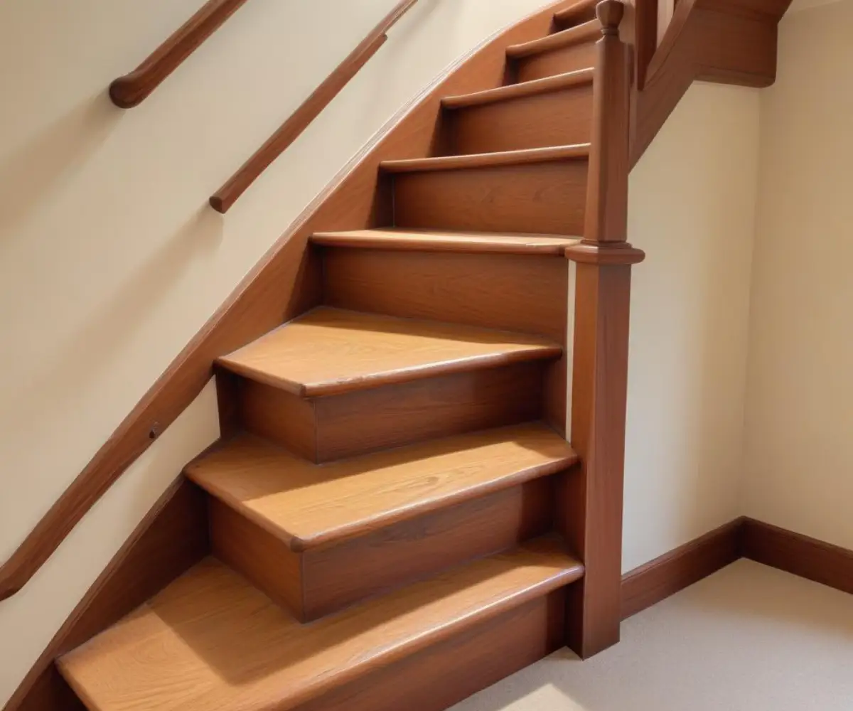 A wooden stair skirt board installed along a carpeted staircase against a light-colored wall.