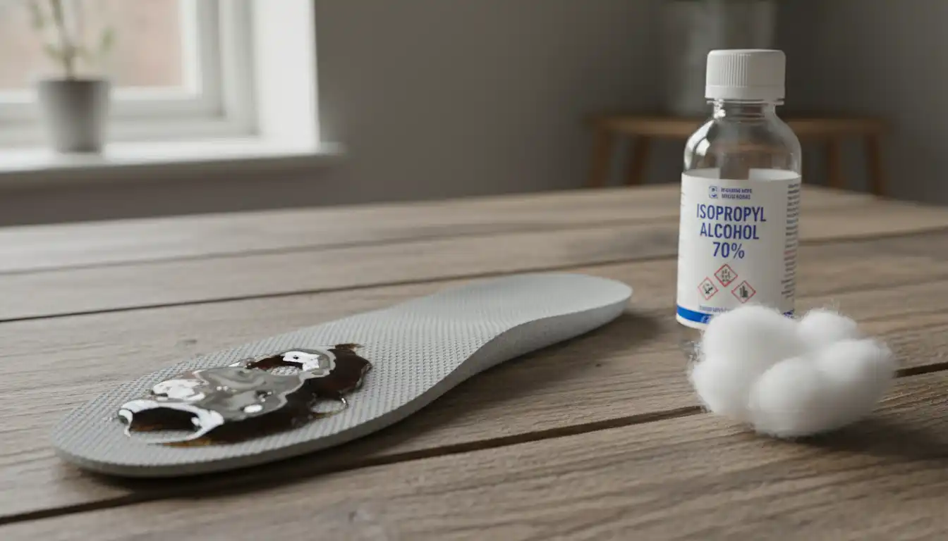 A shoe insole with sticky residue next to a bottle of rubbing alcohol and a cotton ball on a wooden table.