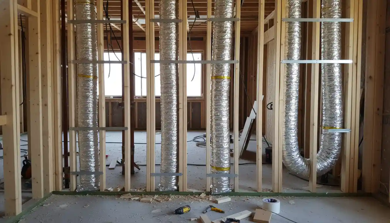 Exposed interior wall framing showing new silver insulated flexible ductwork being installed between wooden studs.