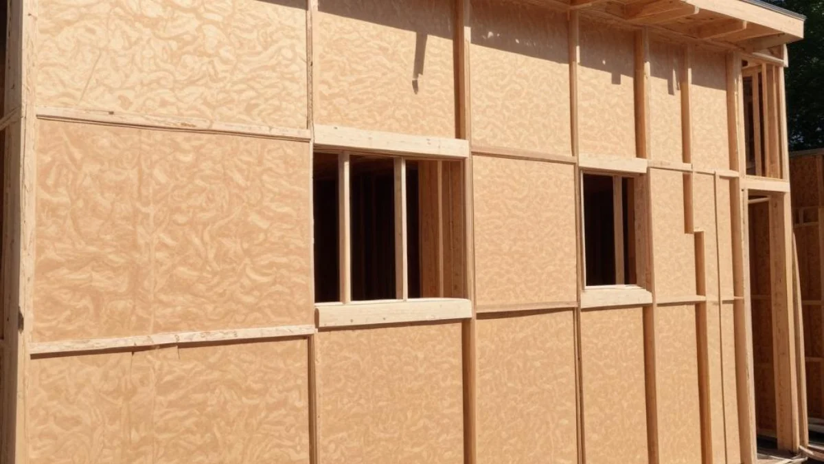 Exterior house wall with new plywood sheathing installed over the wooden stud frame.