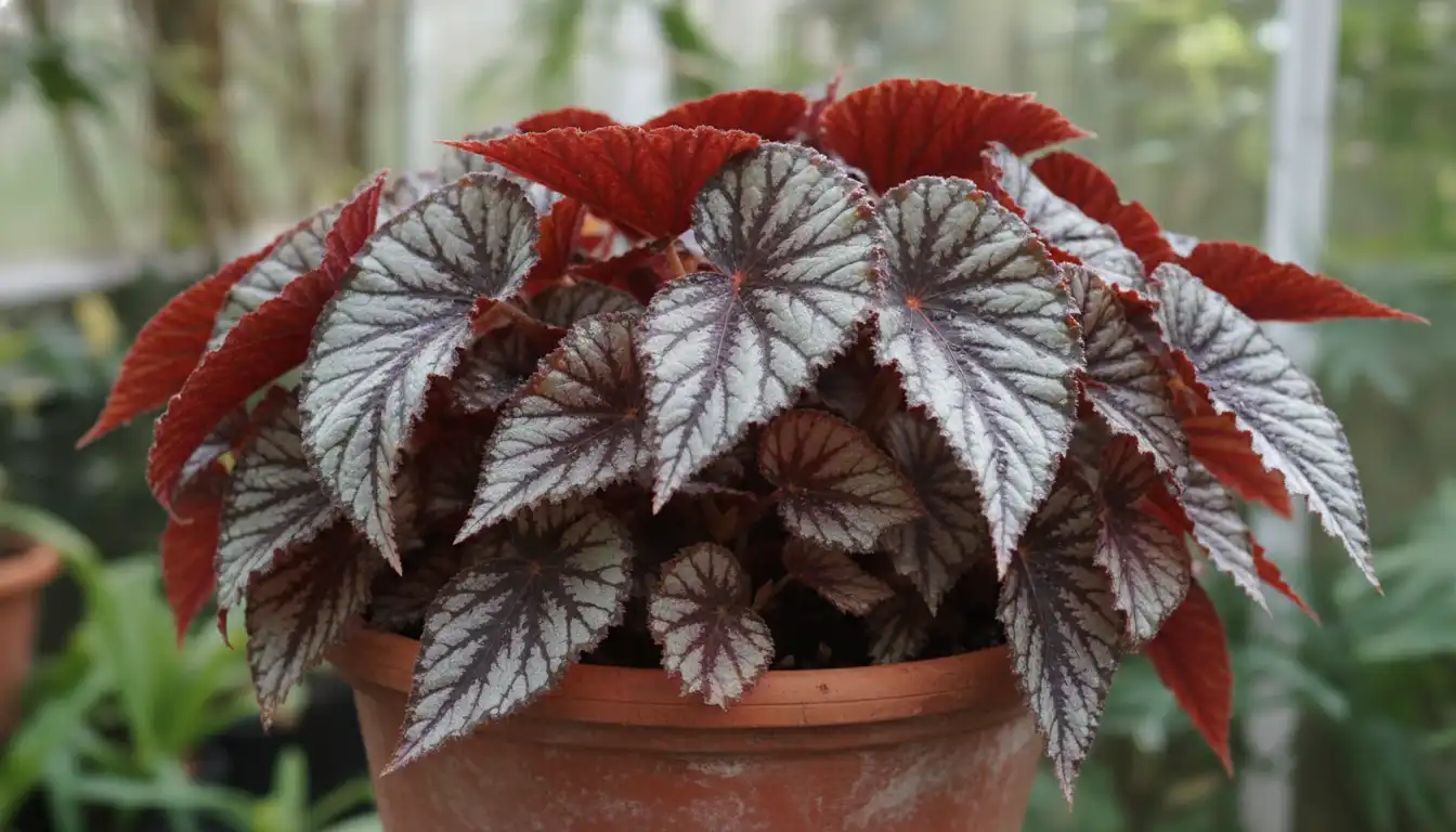Lush, vibrant, and patterned leaves of a healthy Rex Begonia plant in a terracotta pot.