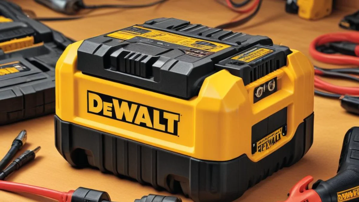 A DeWalt 20V battery on a workbench with its terminals connected by wires to a second, fully charged battery.