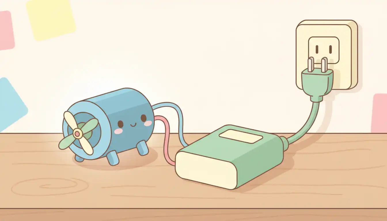 A small 12-volt DC electric motor connected by wires to an AC to DC power converter on a wooden workbench.