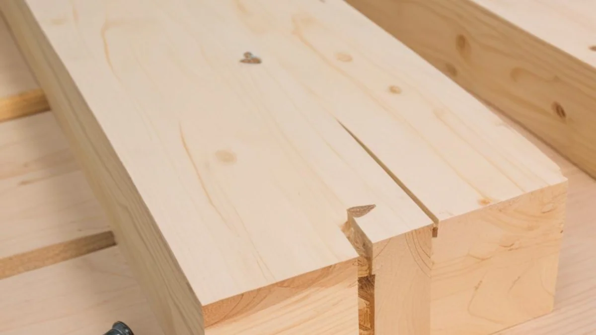 Two 2x4 lumber boards joined at a 90-degree angle with wood screws.