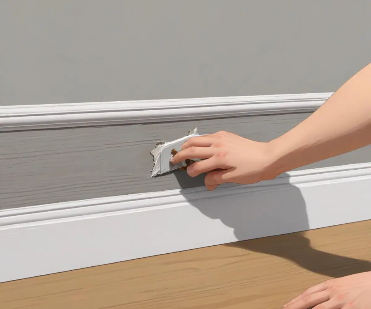 Applying a bead of clear caulk along the top of a white baseboard where it meets a gray painted wall to seal a gap.