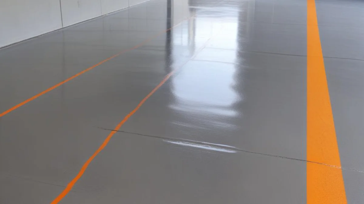 A clean, crisp line of freshly applied gray epoxy sealant along the edge of a concrete garage floor.