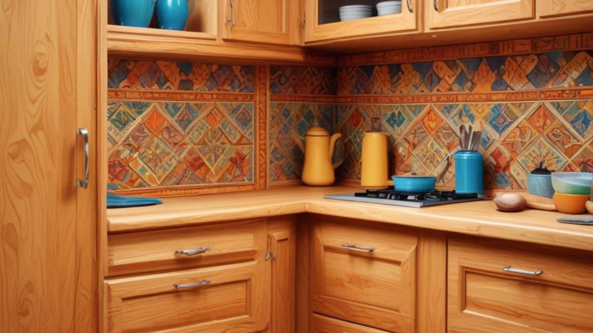 A freshly sealed wooden kitchen cabinet interior with a smooth, clear finish.