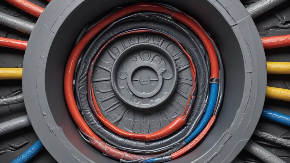 Dark gray duct seal putty packed into the opening of a metal electrical conduit to create a watertight seal around interior wires.