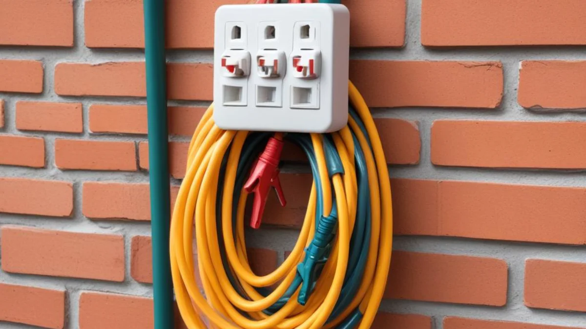 Heavy-duty extension cord mounted to an exterior brick wall with a series of plastic cable clips.