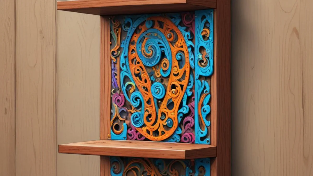 A metal L-bracket securing a wooden shelving unit to a wall with screws.