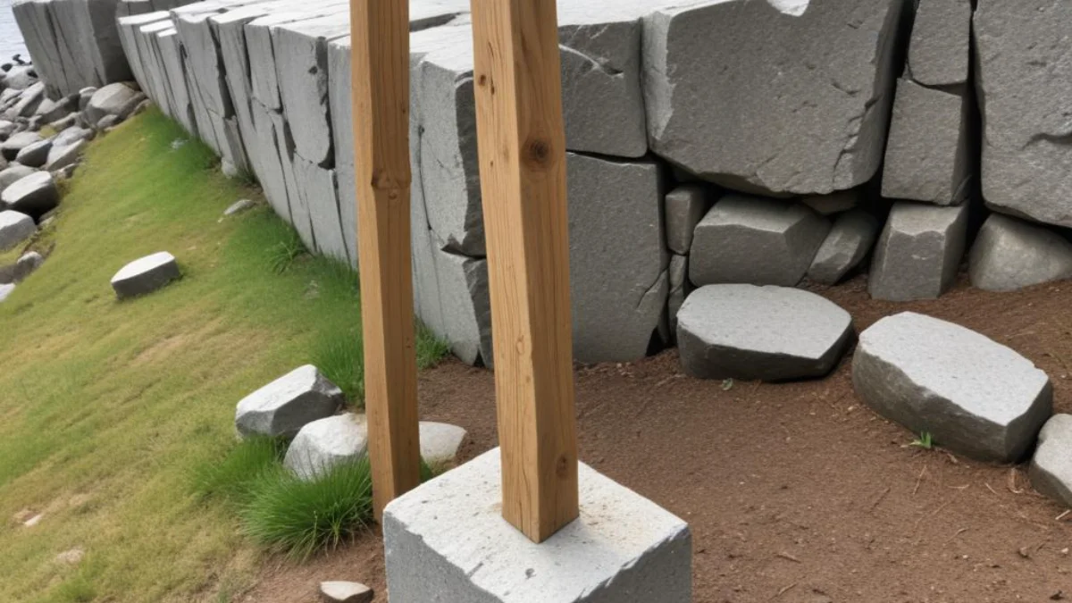 Wooden fence post set in concrete, anchored directly into drilled bedrock.