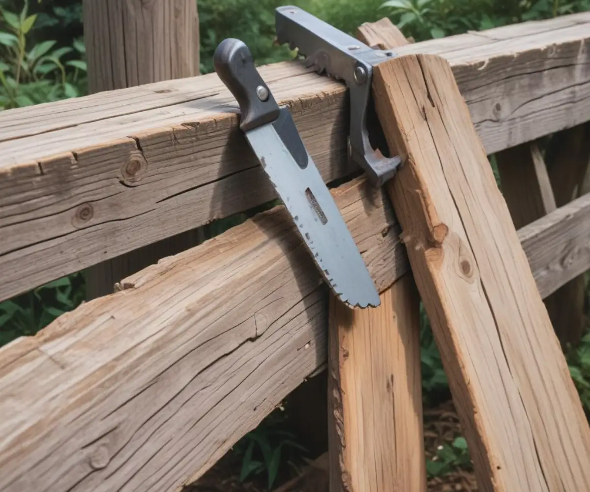 A close-up of a handsaw cutting through a rustic wooden split rail fence rail resting on a sawhorse.