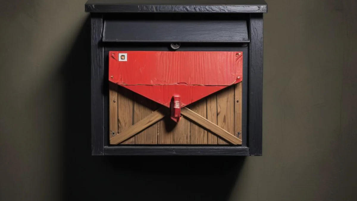 A red signal flag raised on a black wall-mounted mailbox, indicating outgoing mail.
