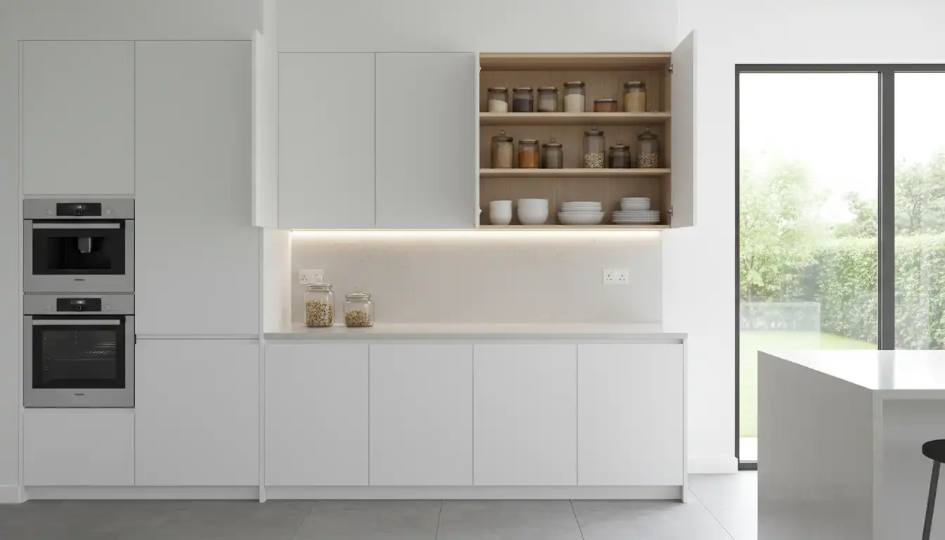 Tall white pantry cabinet made from stacked wall cabinets in a modern kitchen.