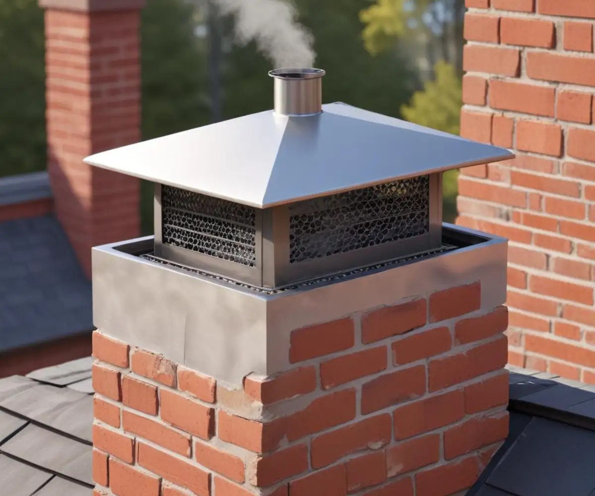 A close-up view of a stainless steel chimney cap with a sound-dampening pad affixed to the top surface, situated on a brick chimney.