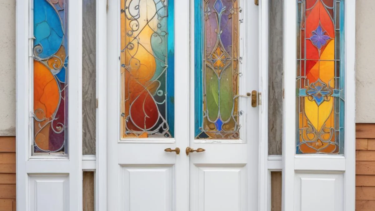 A white French door with hinges removed from the right side of the frame and new hinge mortises cut into the left side for reversal.