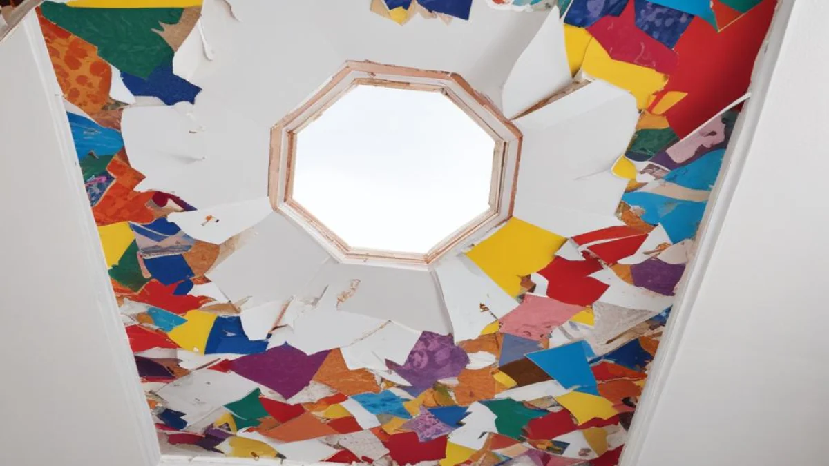 A temporary plastic patch taped over a hole in a damaged white ceiling.