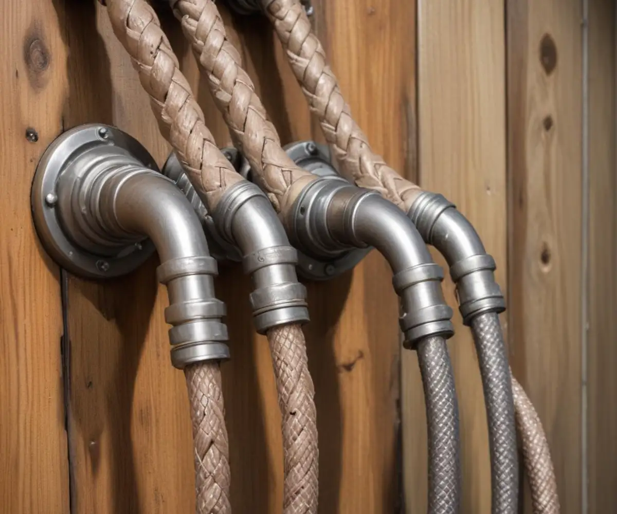 Close-up of braided stainless steel washing machine hoses connected to the hot and cold water valves on a wall.