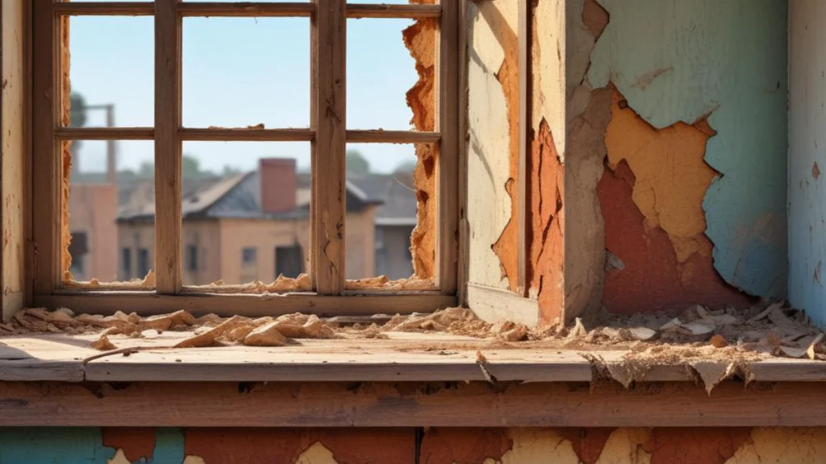 Crumbling wooden window sill with visible termite tunnels and damage.