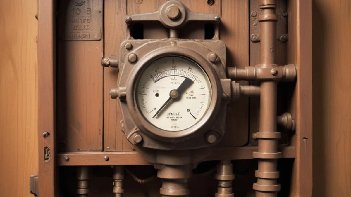 A gas meter with a wrench on the shut-off valve, which is parallel to the pipe.