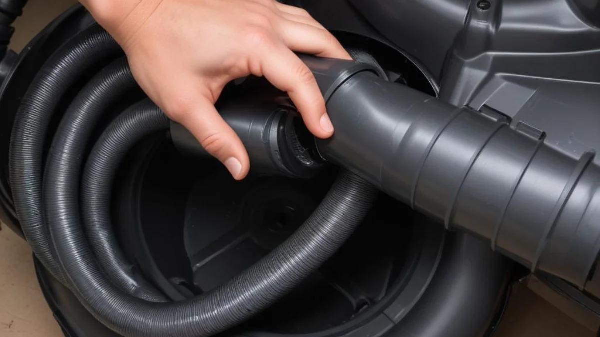 Close-up of a shop vacuum's blower port with the hose removed.