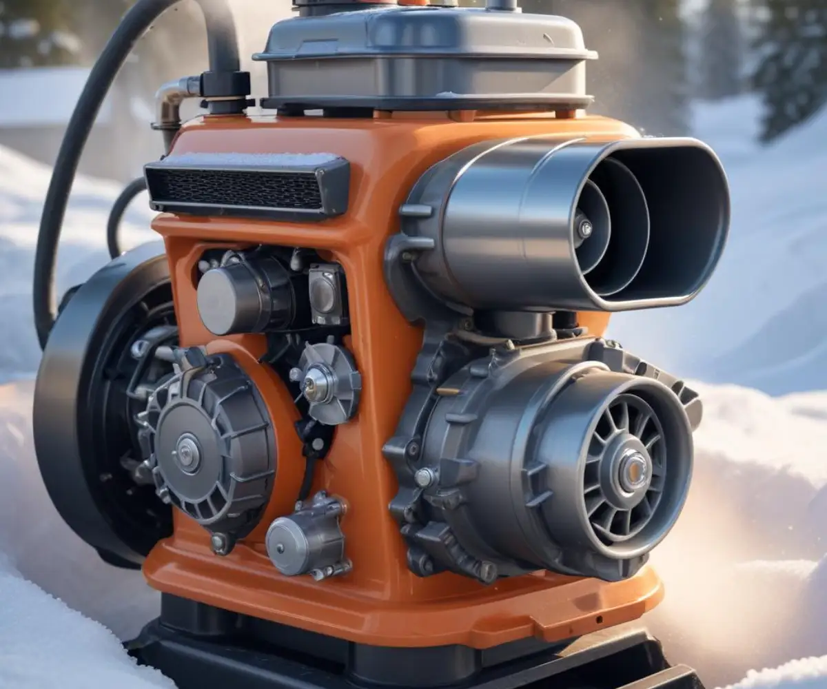 A close-up view of a snowblower engine's carburetor air intake, with the air filter removed.