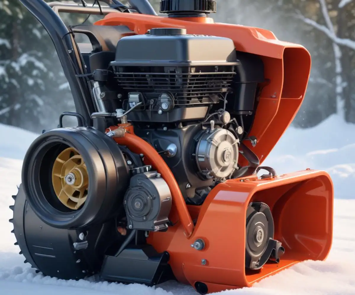 Close-up of a snowblower engine with the air filter cover removed, showing the carburetor intake.