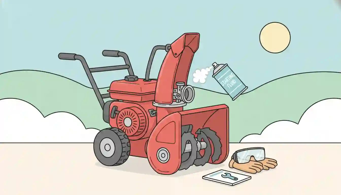 A can of starting fluid next to the exposed carburetor and engine of a red snowblower.