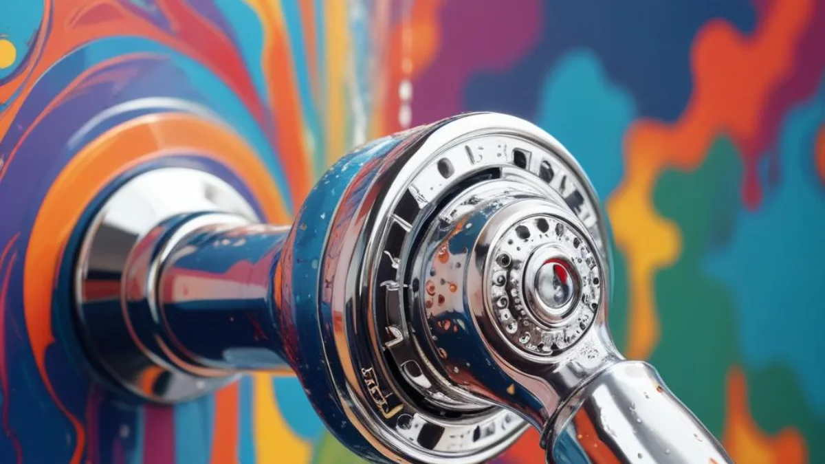 A modern chrome shower faucet handle turned towards the hot setting, with steam rising from the shower head in the background.