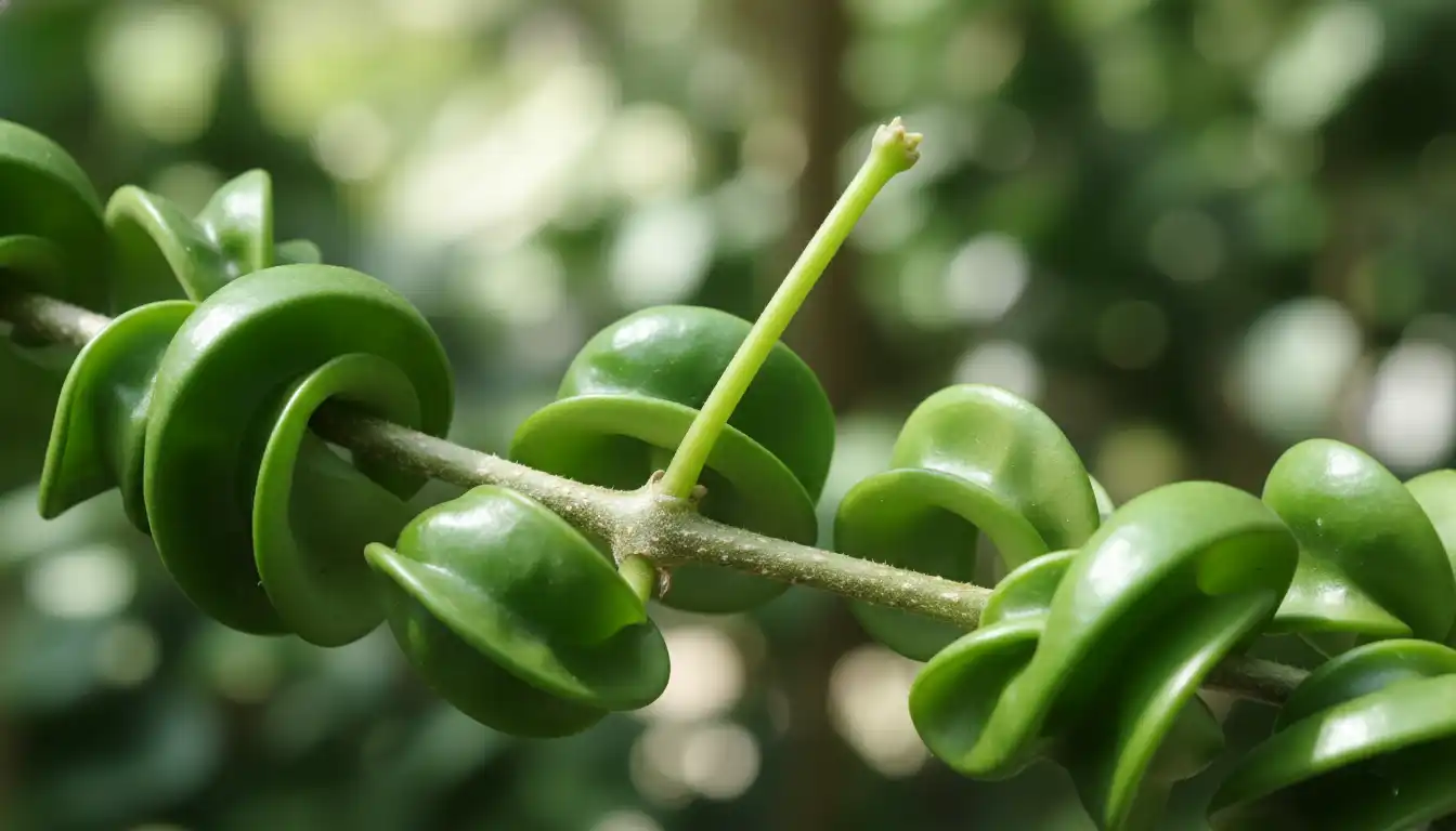 A close-up photograph of a green, waxy Hoya compacta vine with its tightly curled leaves, focusing on a small, stalk-like peduncle emerging from the stem.