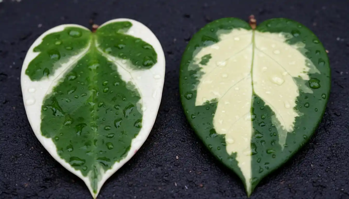 A close-up, side-by-side comparison of a Hoya macrophylla albomarginata leaf with creamy white edges and a Hoya macrophylla variegata leaf with central variegation.