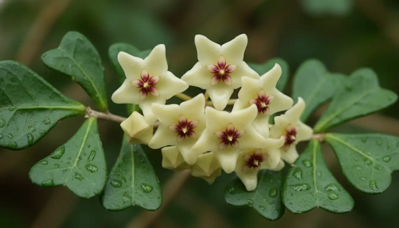 Close-up of a star-shaped, pale yellow Hoya polyneura flower cluster with a burgundy corona, emerging from fishtail-shaped green leaves.