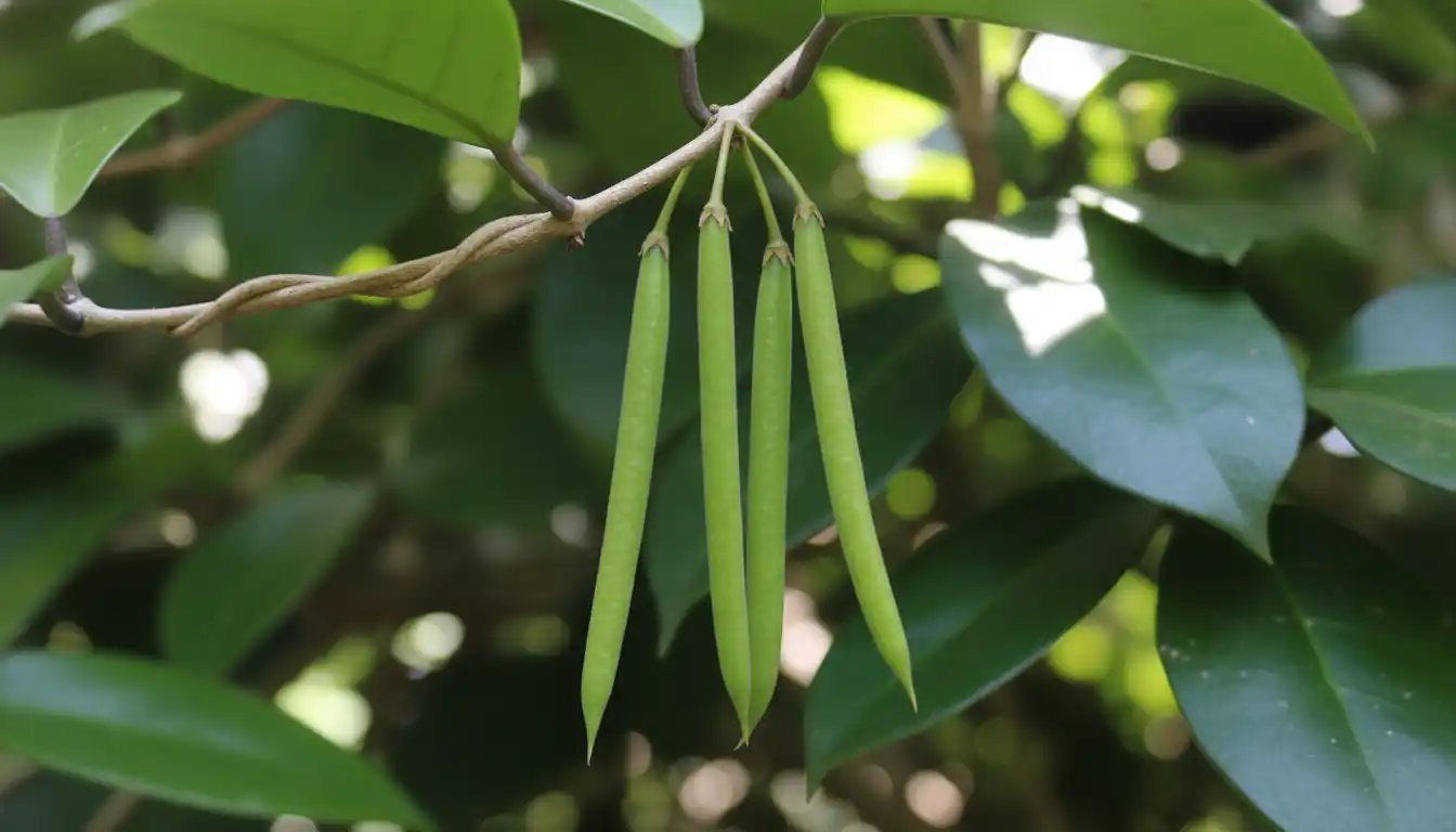 Long, slender, bean-like green seed pods hanging from a hoya plant vine among waxy green leaves.