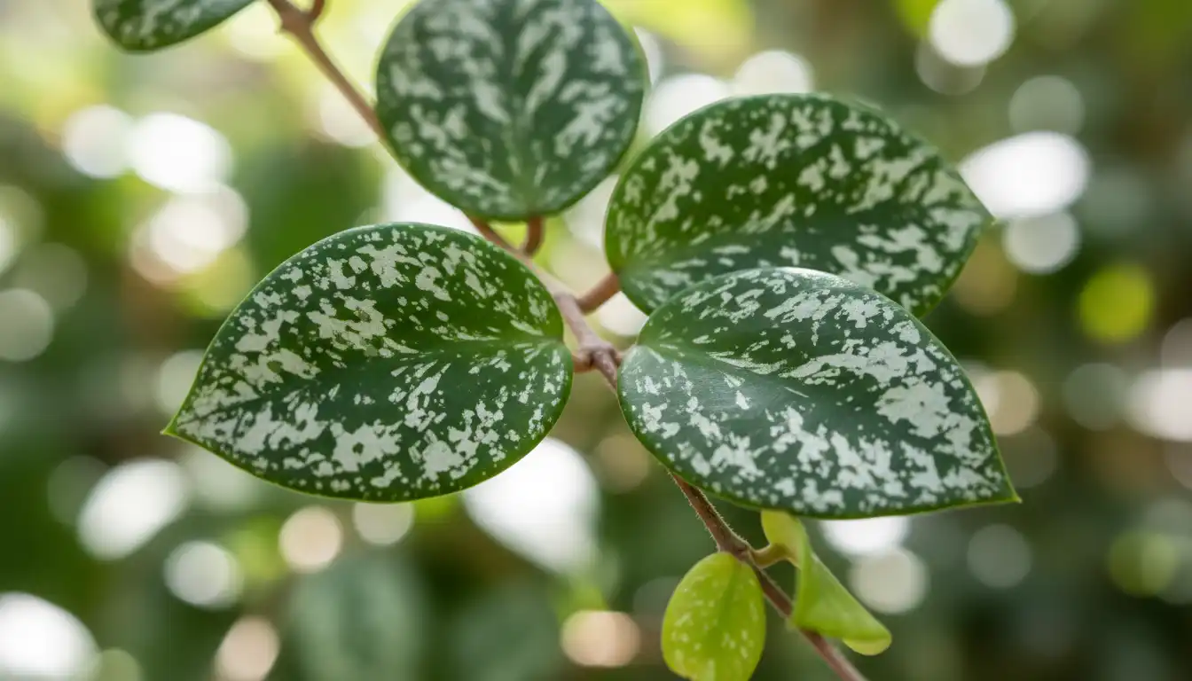 Thick, waxy green leaves of a vining plant covered in prominent silvery-white speckles and splashes.