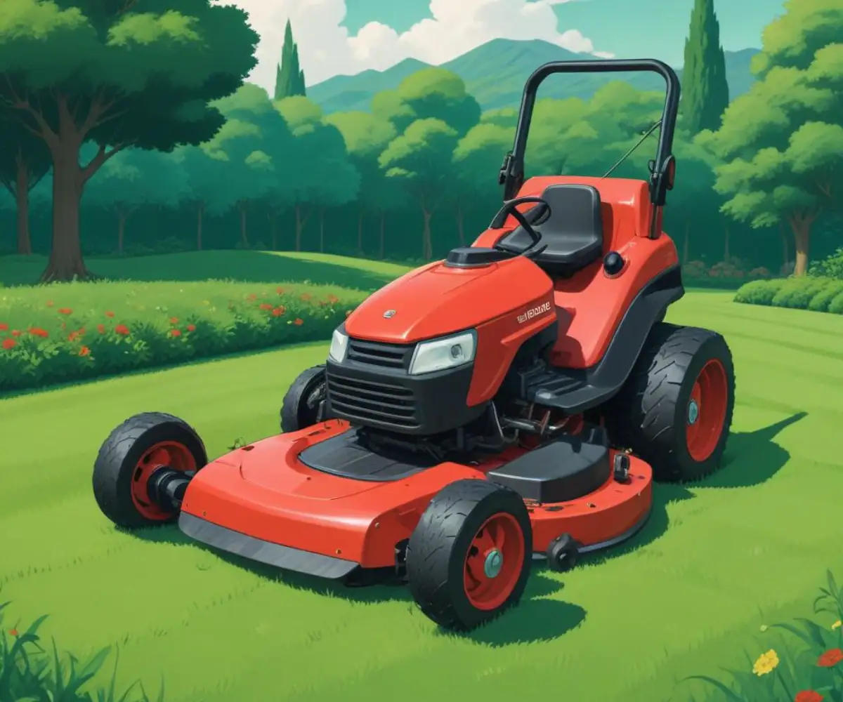 A modern red and black self-propelled lawn mower parked on a neatly manicured green lawn.