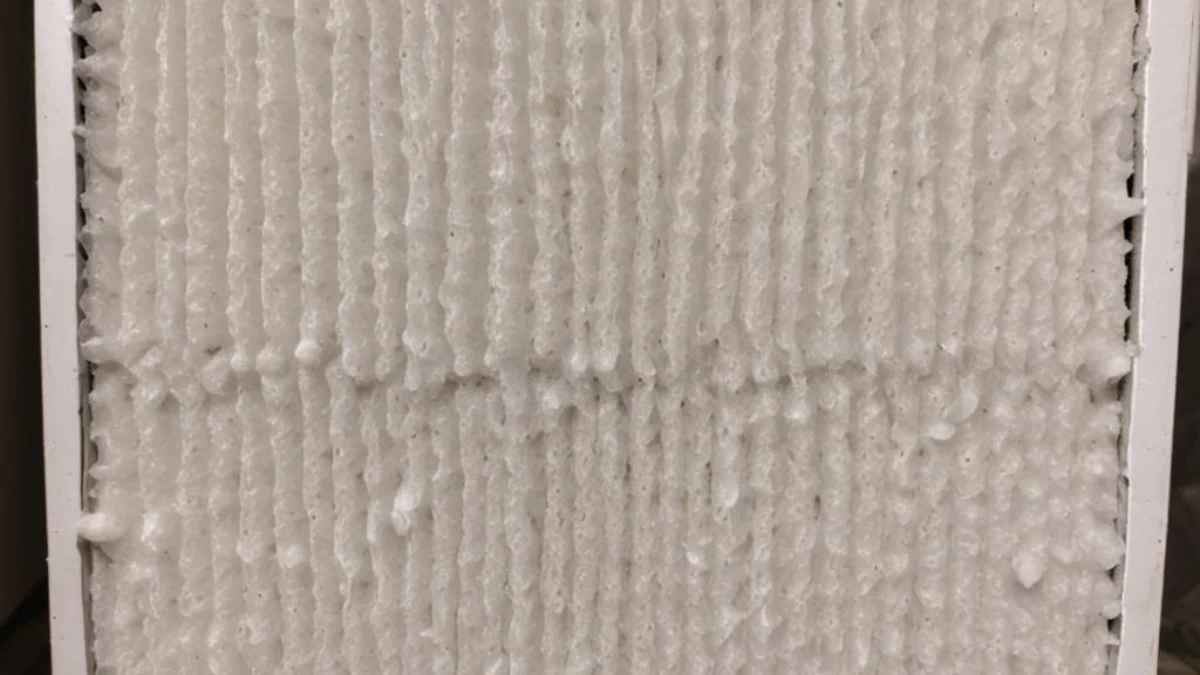 A dirty, clogged furnace filter showing white mineral buildup from a humidifier.