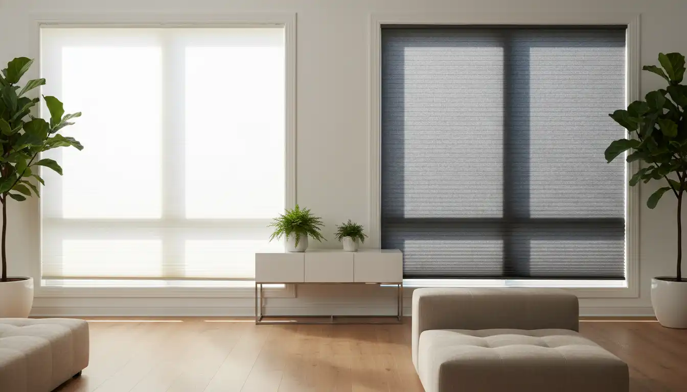 A side-by-side comparison of two different styles of cellular window shades in a brightly lit room.