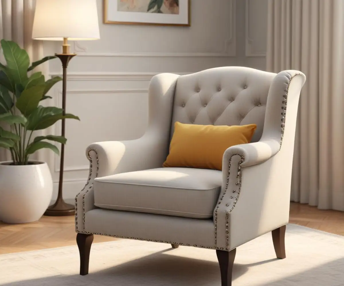 An elegant, custom-upholstered armchair with a classic design and nailhead trim, showcased in a brightly lit, well-decorated living room.