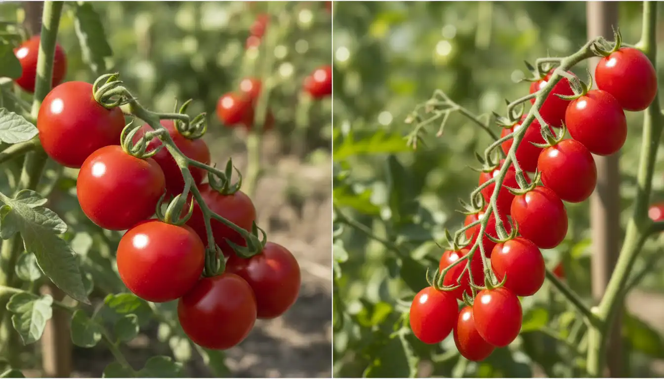 A split image showing a cluster of Husky Cherry Red tomatoes on the vine on one side and a cluster of Super Sweet 100 tomatoes on the vine on the other, in a bright, outdoor garden setting.