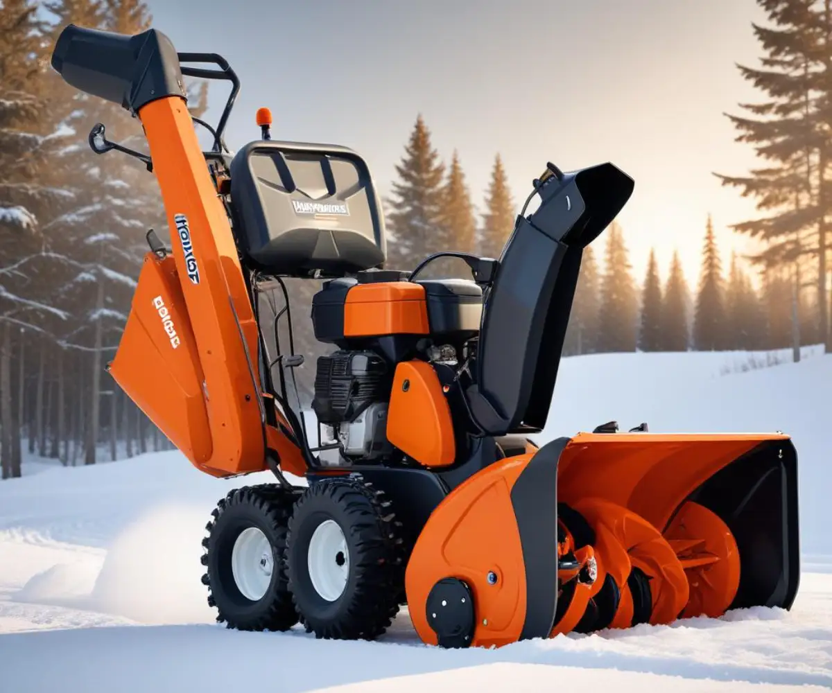 An orange and black Husqvarna 10527SBE two-stage snow blower with a wide auger intake and a tall discharge chute, shown on a neutral background.