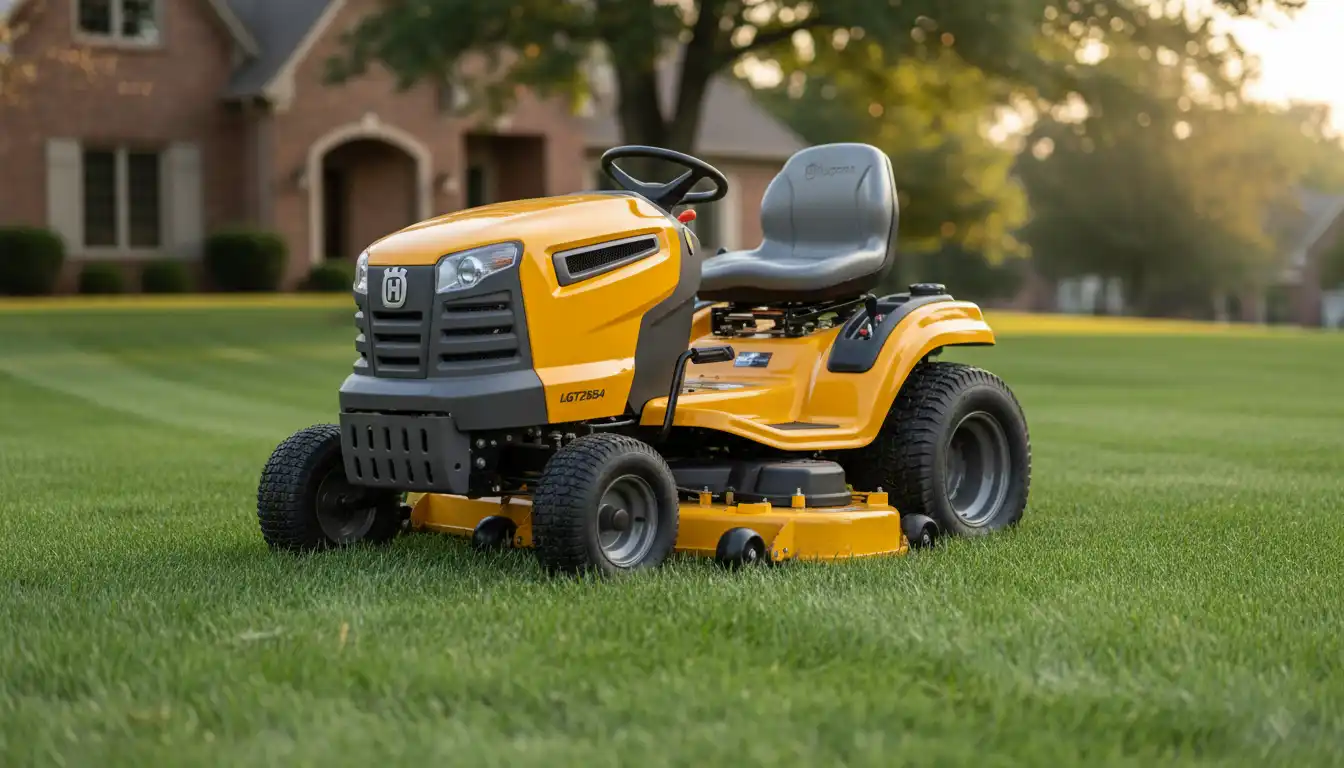 A yellow and gray lawn tractor with a large mowing deck parked on a vibrant green lawn.