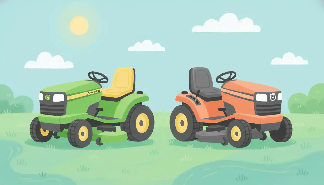 A green riding mower and an orange riding mower parked side-by-side on a perfectly manicured lawn.